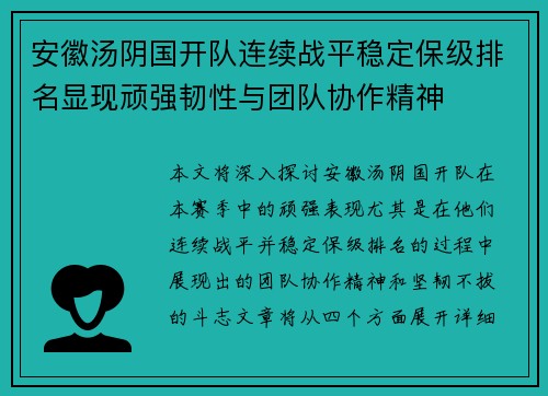 安徽汤阴国开队连续战平稳定保级排名显现顽强韧性与团队协作精神