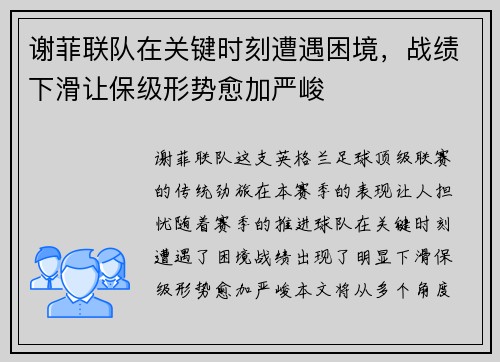 谢菲联队在关键时刻遭遇困境，战绩下滑让保级形势愈加严峻
