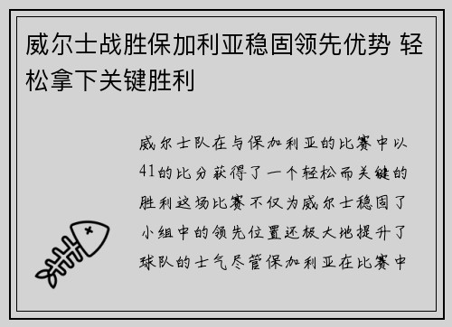 威尔士战胜保加利亚稳固领先优势 轻松拿下关键胜利